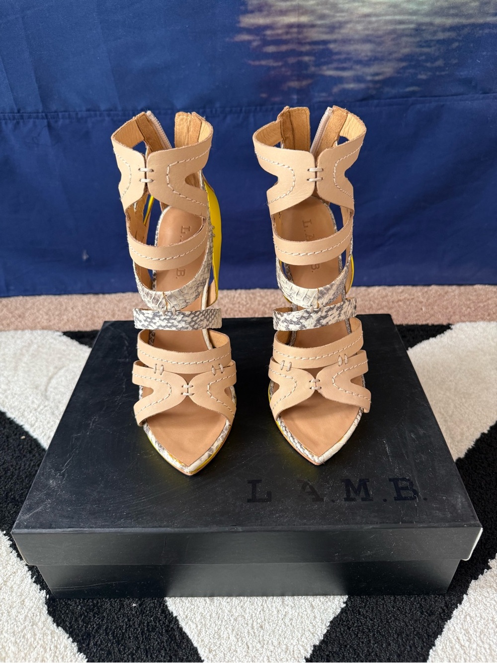 L.A.M.B. Beige Strappy Pointed-Toe High-Heel Sandals with Snakeskin Accent